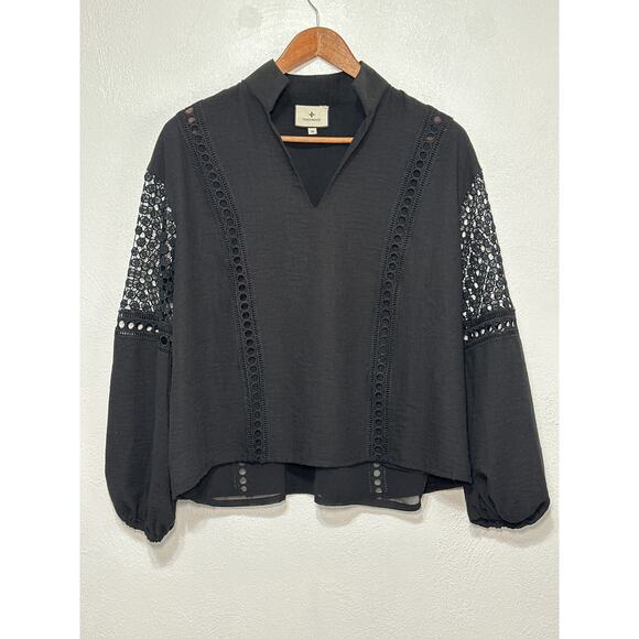 Tuckernuck Tops - TUCKERNUCK Eyelet Jane Blouse Top M Black Bishop Sleeve Sheer Layer Coquette